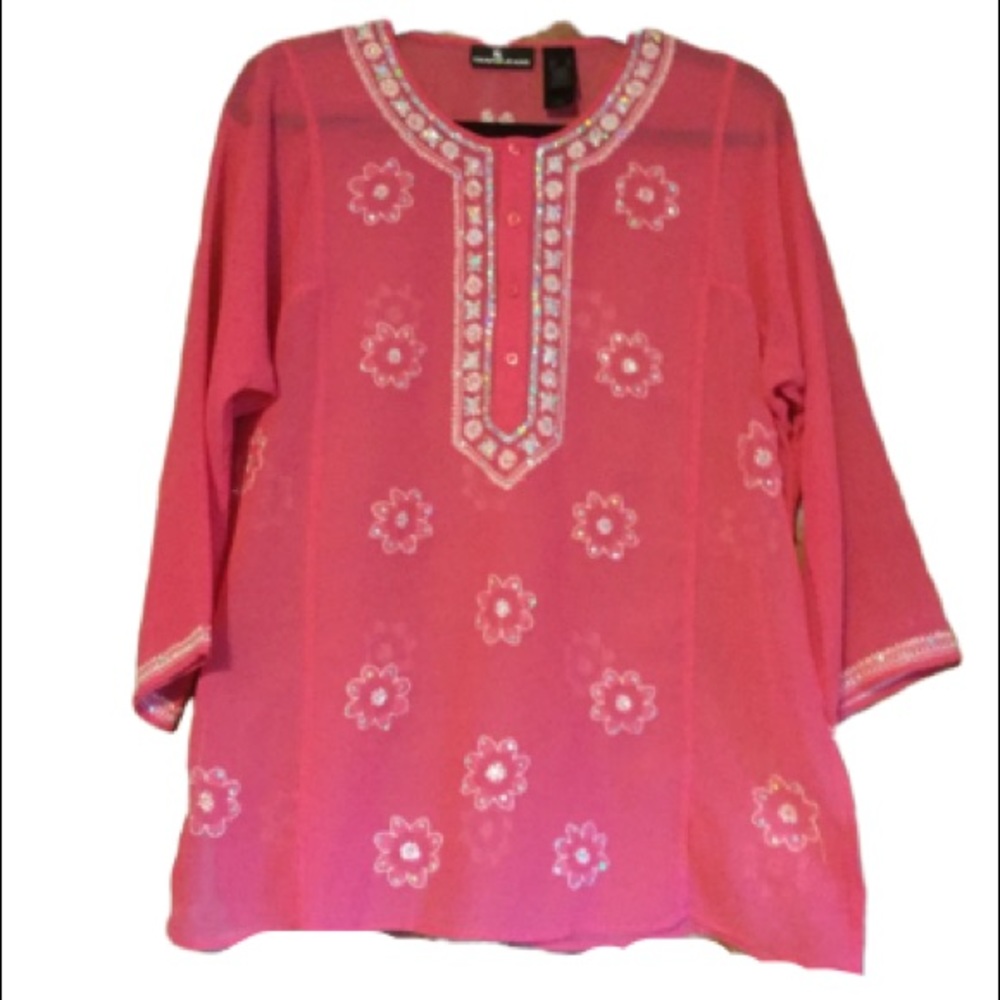 DKNY sheer embroidered sequined coral tunic sz XL